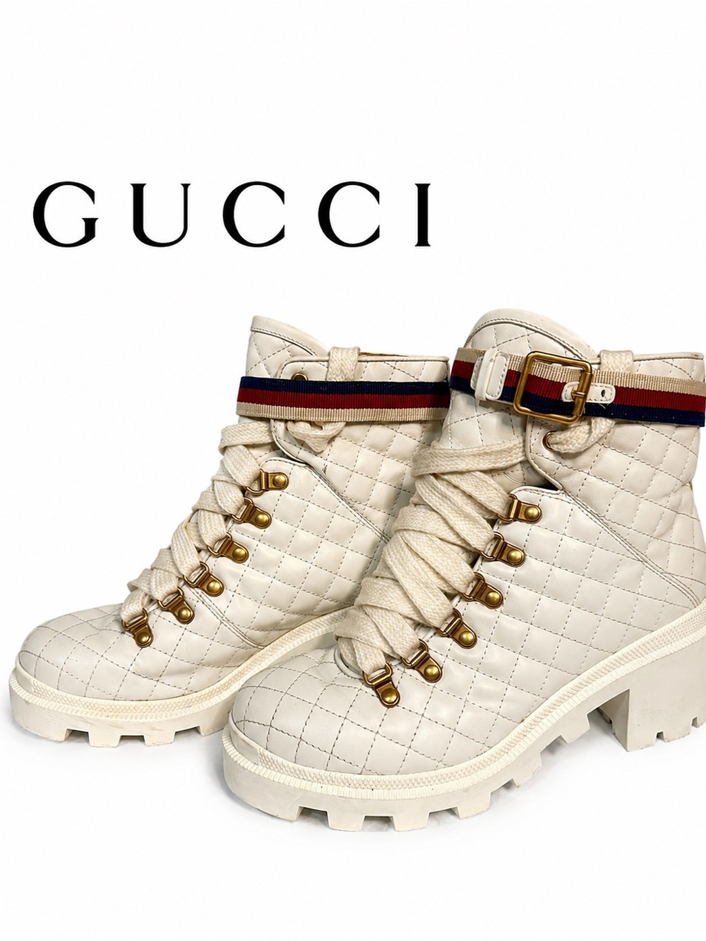 Gucci White Quilted Lace-Up Platform Ankle Boots with Red and Blue Stripe - Picture 2 of 16